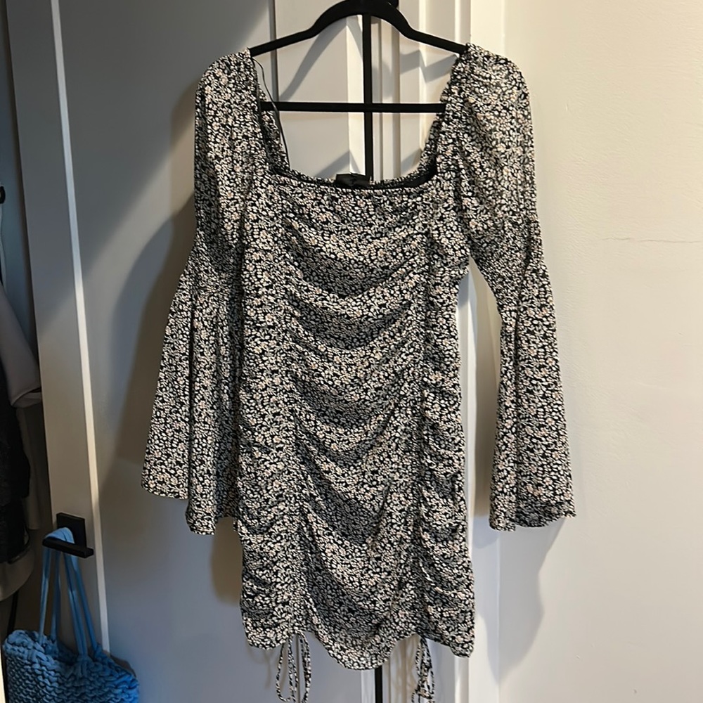 VICI Floral Bell Sleeve Ruched Mini Dress